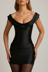 Satin Off-Shoulder Draped Mini Dress in Black