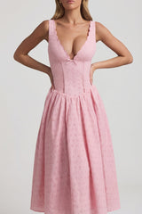 Broderie Anglaise Bow-Detail A-Line Midaxi Dress in Soft Pink