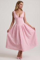 Broderie Anglaise Bow-Detail A-Line Midaxi Dress in Soft Pink