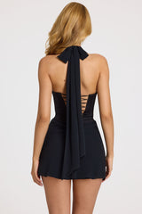 Satin Draped Mini Dress in Black