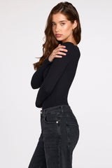 Ribbed Modal Long-Sleeve Plunge Bodysuit in Black