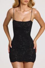 Scalloped-Lace Mini Dress in Black