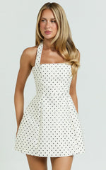 Dante Mini Dress - Halter Neck Tie Tulip Skirt Dress in White Polkadot