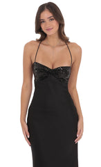 Sequin Bust Satin Maxi Dress in Black