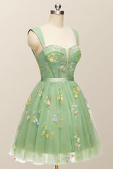 Green Floral A-line Short Princess Dress with Square Neck