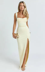 Donna Maxi Dress - Cowl Neck Column High Split Dress in Lemon