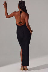 Plunge Cowl Neck Floor Length Dress in Black