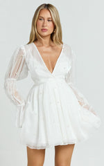 Solanna Mini Dress - Long Puff Sleeve V Neck Dress in White