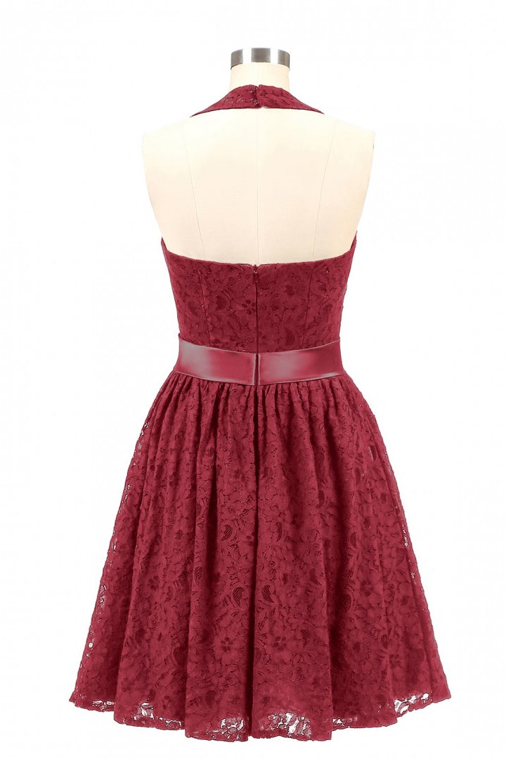 Halter Blue Lace Short A-line Bridesmaid Dress