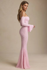 Off-Shoulder Ruffle Lace Maxi Dress in Soft Pink