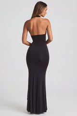 Ruffle-Trim Halterneck Gown in Black