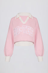 Cotton Jersey Oversized V-Neck Jumper in Powder Pink