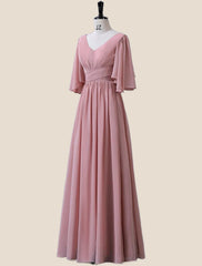Flare Sleeves Blush Pink Pleated Long Dress