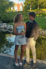 Halter Light Blue Back Tie A-line Short Dress
