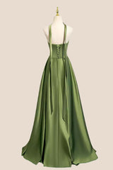 Green Satin Ruched A-line Long Formal Dress