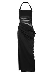 Halter Brown Ruched Cutout Long Dress