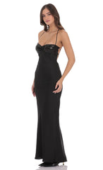Sequin Bust Satin Maxi Dress in Black