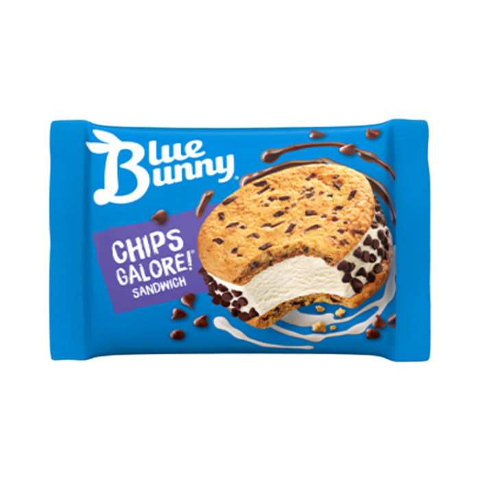 Blue Bunny Chips Galore Cookie Ice Cream Sandwich featuring chocolate chip cookies and vanilla ice cream, available in bulk.