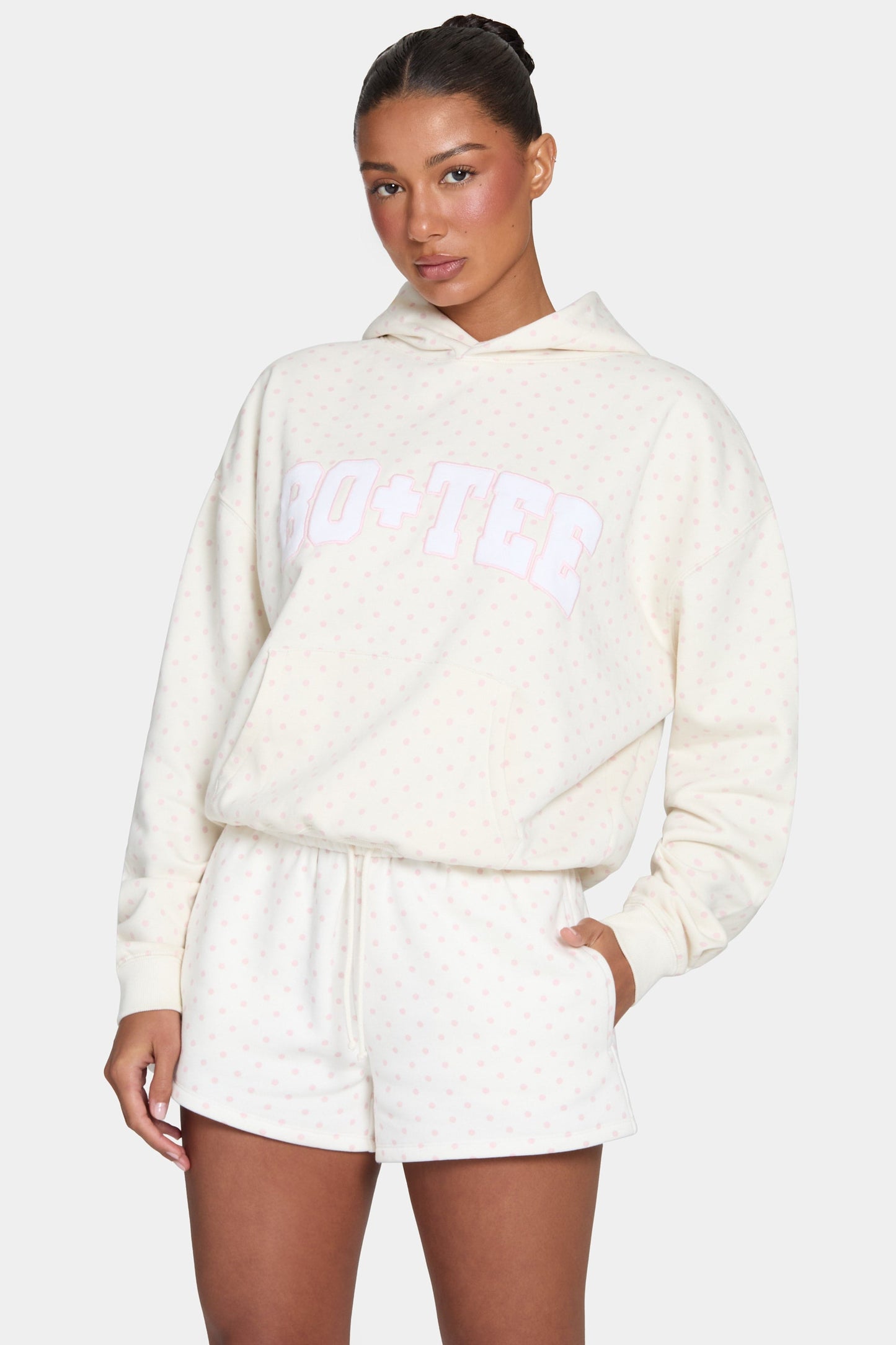 Oversized Applique Hoodie in Blush Polka Dot