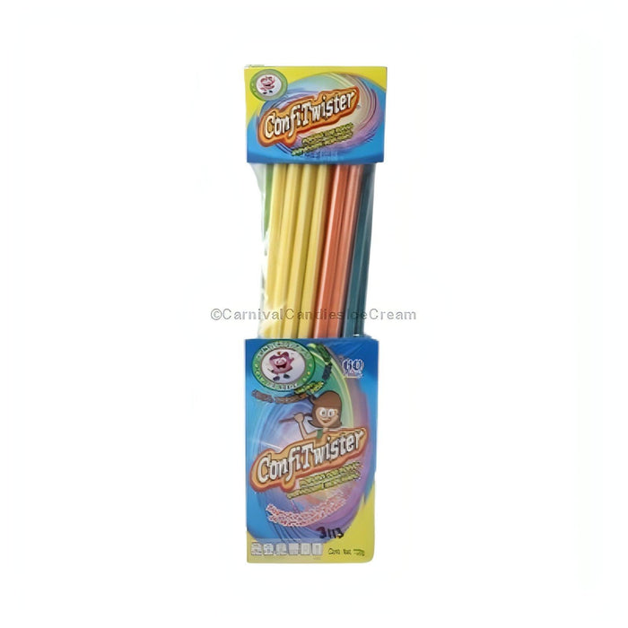 ConfiTwister Sugar Sticks box featuring strawberry, orange, pineapple, grape, and lemon flavors, a colorful Mexican candy treat.