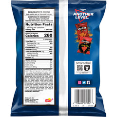 Back of Doritos Cool Ranch bag showing nutrition facts and iconic logo, part of a Frito Lay bulk chips case.