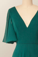 Flare Sleeves Green Chiffon Long Bridesmaid Dress