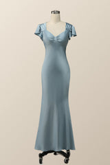 Flare Sleeves Blue Mermaid Long Bridesmaid Dress