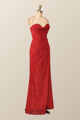 Fitted Red Cowl Neck Long Party Dress with Slit