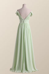 Empire Sage Green Chiffon Pleated V Neck Bridesmaid Dress