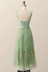 Green Embroidered A-line Midi Dress