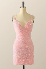 Double Straps Pink Sequin Bodycon Mini Dress
