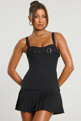 Brushed Twill Drop Waist Kilt Mini Dress in Black