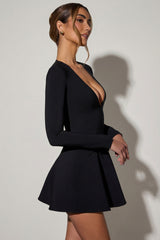 Bow-Detail Plunge-Neck A-Line Mini Dress in Black