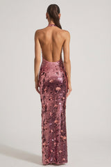 Sequin-Embellished Halterneck Maxi Dress in Pink