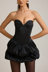 Satin Bubble Hem Corset Mini Dress in Black