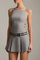 Belted Backless Pleated Mini Dress in Grey