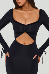 Ruffle-Trim Cut-Out Maxi Dress in Black