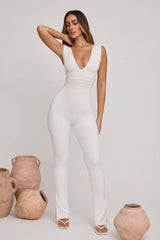 Plunge Neck Ruched Waist Jumpsuit in White
