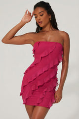 Bandeau Ruffle Detail Mini Dress in Raspberry