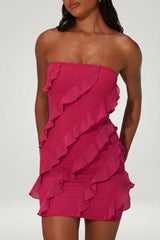 Bandeau Ruffle Detail Mini Dress in Raspberry