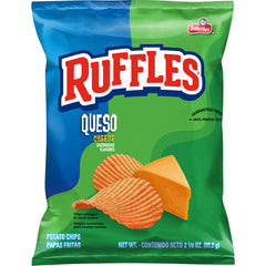 Ruffles Queso chips packaging featuring crunchy potato chips and queso cheese wedge, perfect for snacking.