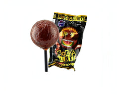 Sonrics Rockaleta Tamarindo lollipop with chili and mango gum center, bulk Mexican candy display.