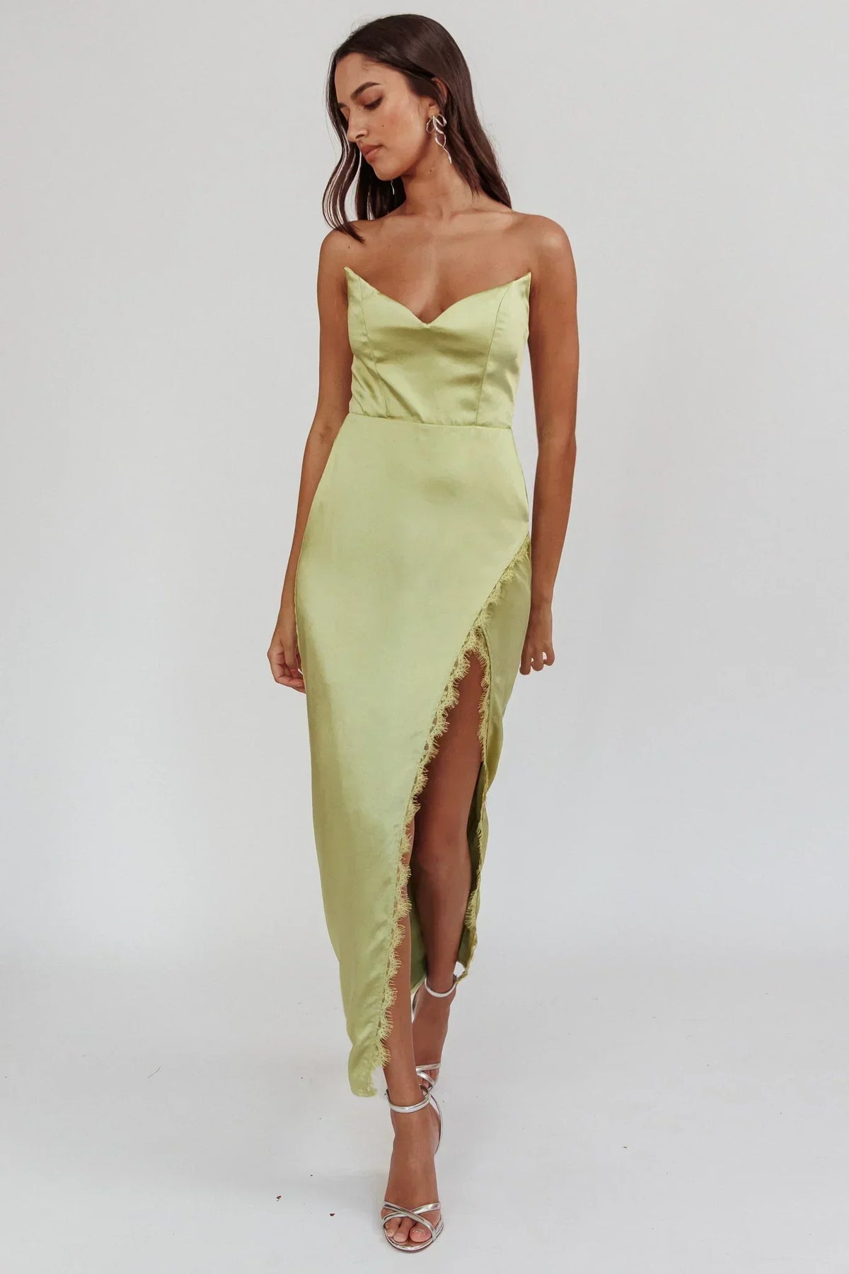 Winter Moon Strapless Lace Trim Midi Dress Sage