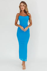 Morella Ruched Waist Mesh Maxi Dress Blue