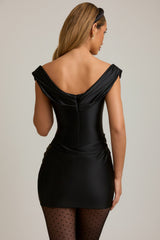 Satin Off-Shoulder Draped Mini Dress in Black