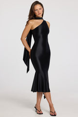 Asymmetric Scarf-Detail Midaxi Dress in Black