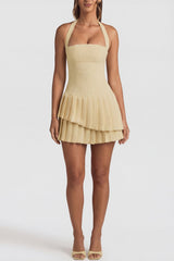 Asymmetric Layered Halterneck Mini Dress in Pastel Yellow