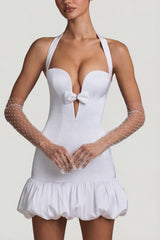Bow-Detail Halterneck Bubble Hem Mini Dress in White