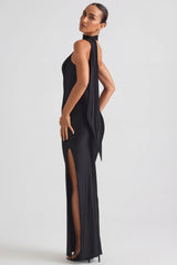 Asymmetric Scarf-Detail Maxi Dress in Black