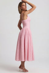Broderie Anglaise Bow-Detail A-Line Midaxi Dress in Soft Pink